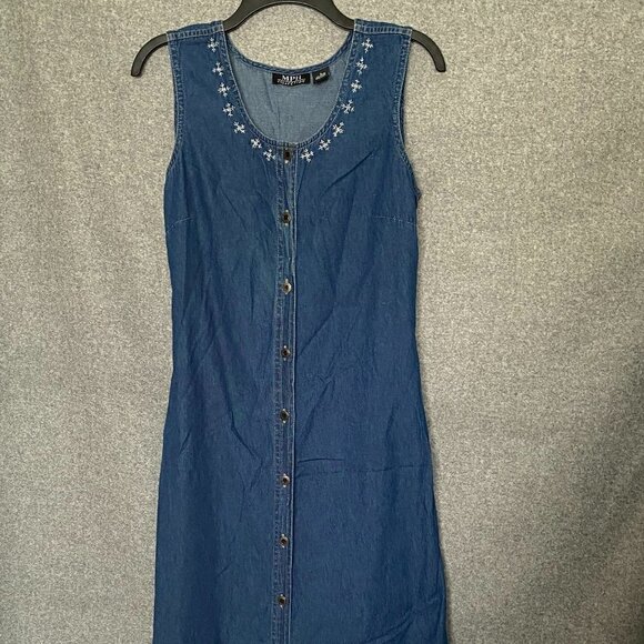 MPH Collection Blue Jean Maxi Dress Button Down Christmas Design Snowmen Size S - Picture 2 of 11